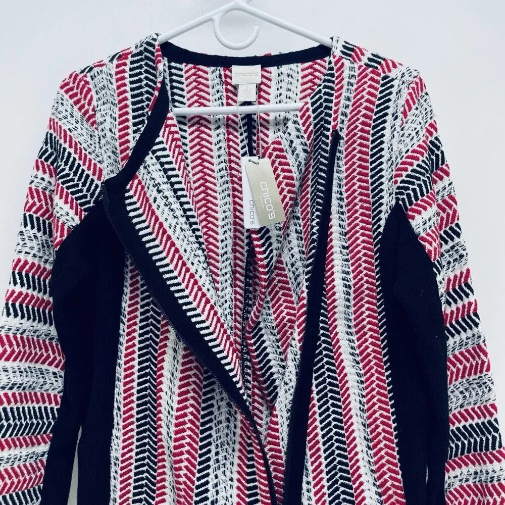 Chico’s Sweater Moto Jacket Size 1 Women’s Red White Black Pullover New - Picture 6 of 16